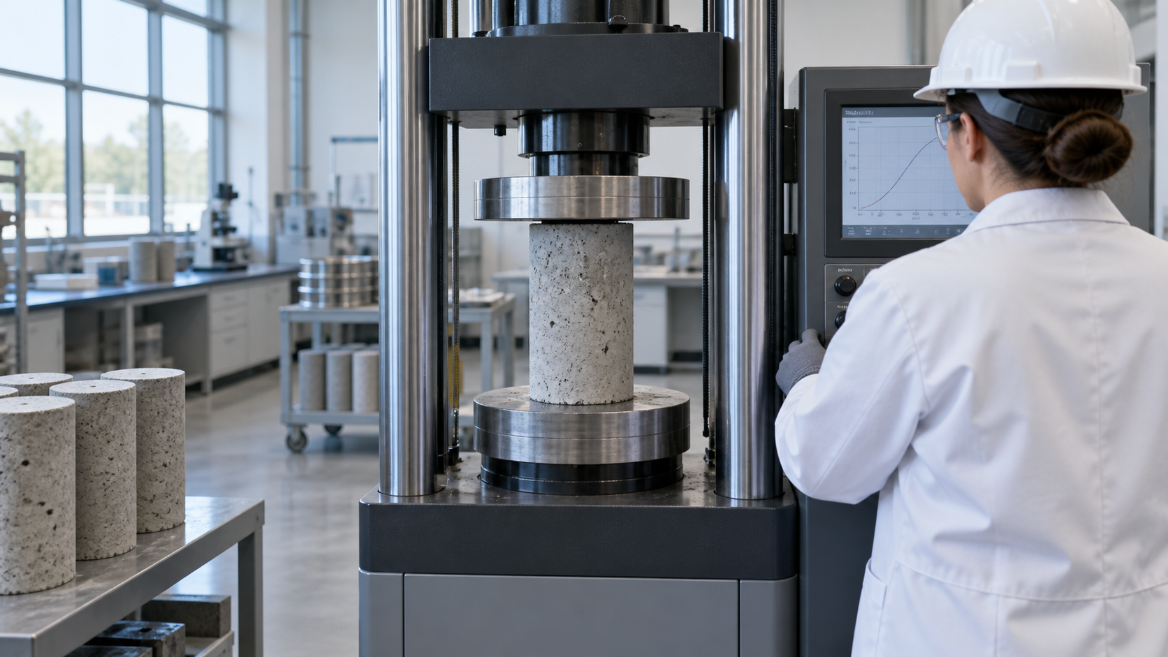 Profesional de laboratorio realizando una prueba de resistencia del concreto