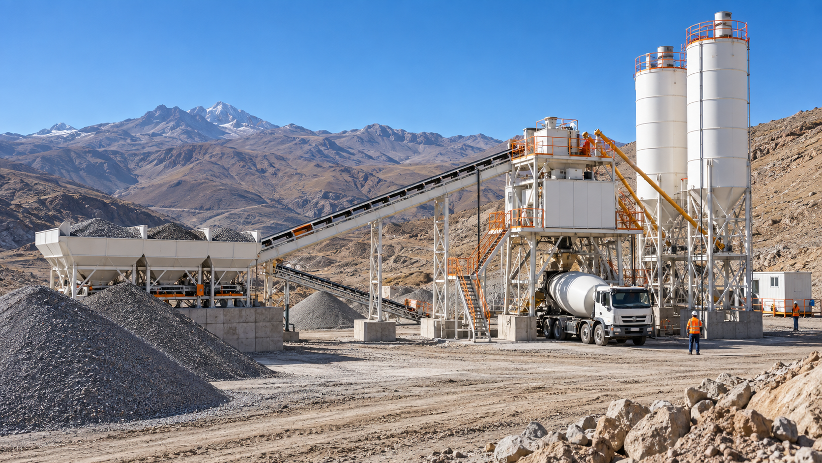 Planta concretera móvil instalada en una zona minera andina
